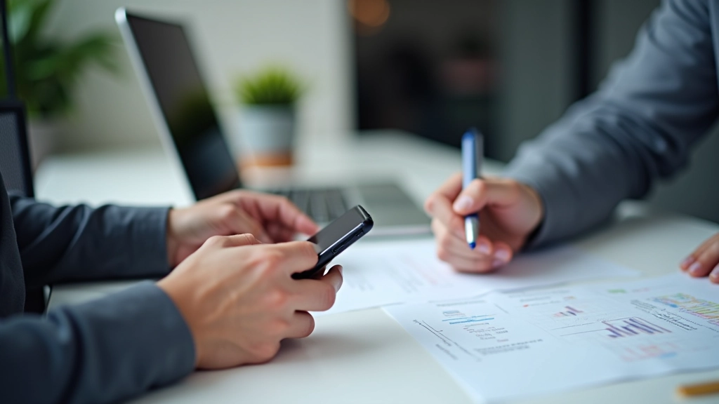 Designer hand holding smartphone, checking navigation elements against a printed checklist on desk with laptop in background