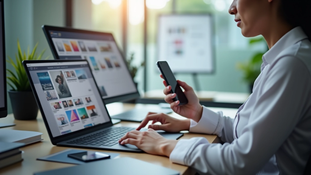 Designer testing responsive layout on various devices including phone, tablet, and laptop showing consistent mobile-first design