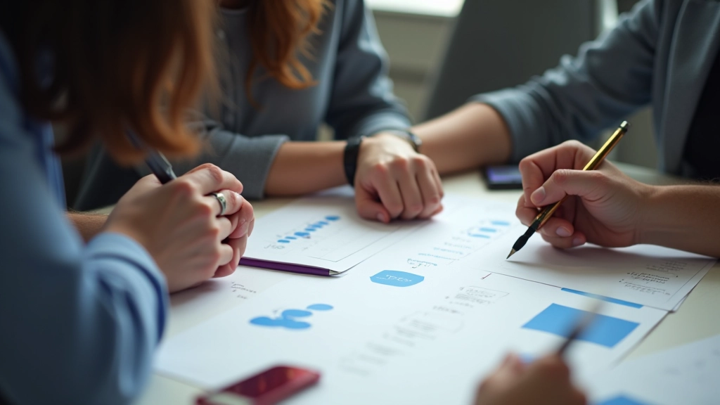 Team collaborating on responsive design project with sketches and devices