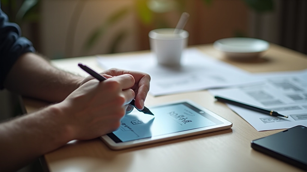 Designer working on mobile interface mockups with sketch pen and tablet on desk